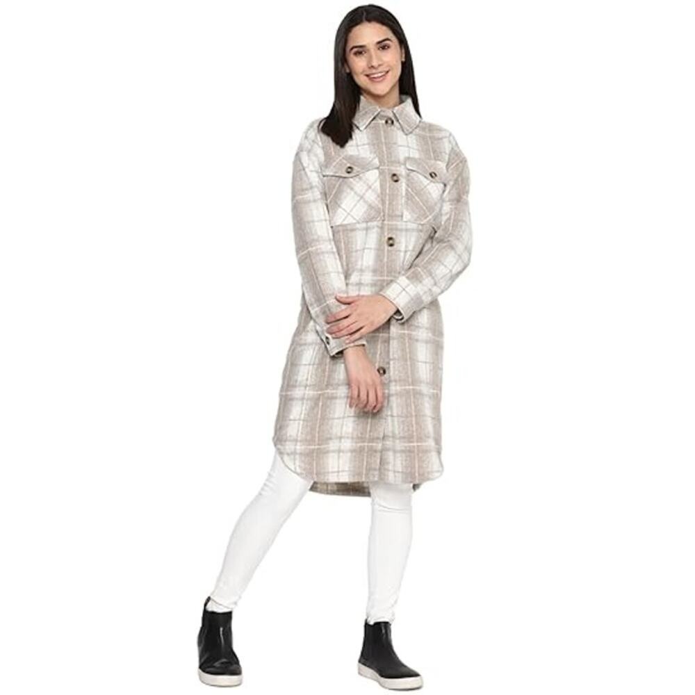American Eagle Elongated Plaid Shacket A Line Coat Tan Gray Women's Size Large